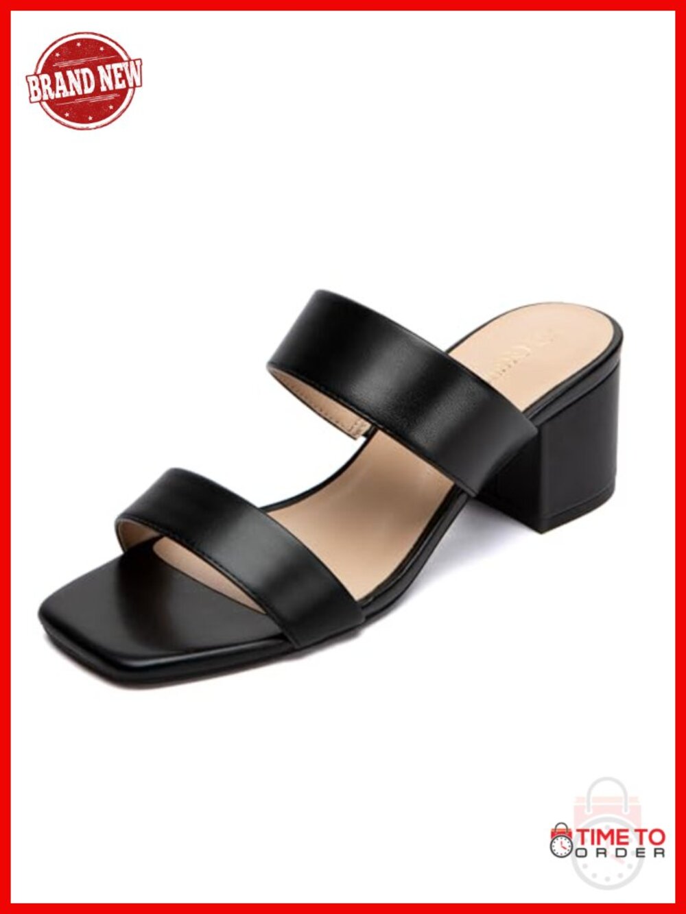 Women's Two Strap Heeled Sandals Square Open Toe 2 Inch Block Heel Slip On